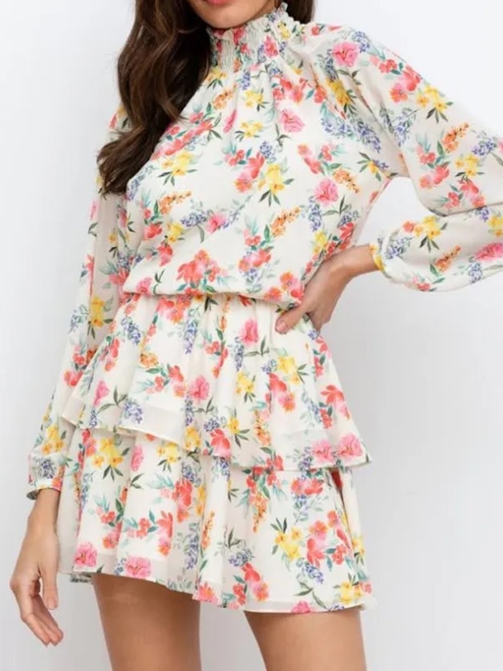 Yumi Kim Class Act Long Sleeve Floral Mini Dress Ruffle Mulberry Ivory Size S